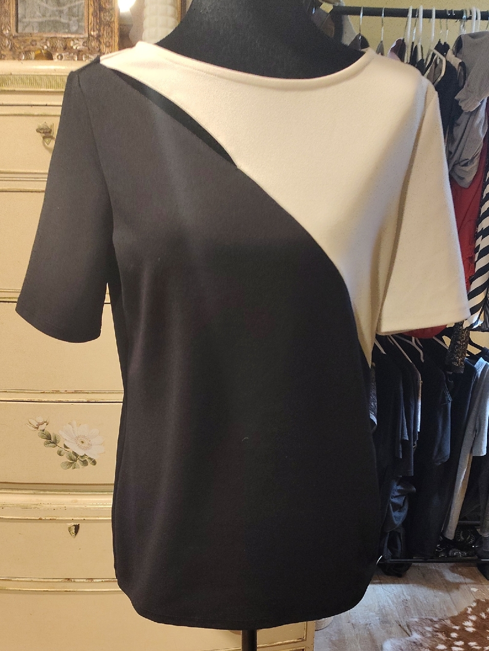 Calvin Klein Black and Cream Asymmetrical Colorblock Top